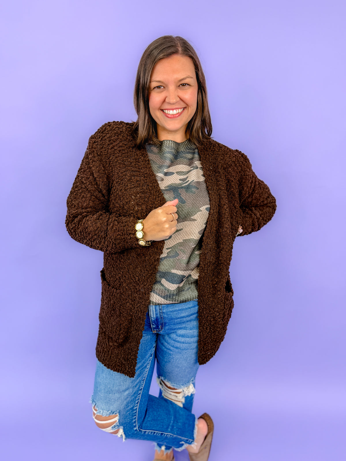 Long Sleeve Popcorn Sweater Cardigan With Pockets | DOORBUSTER