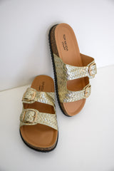 Lush Woven Buckle Slide Sandals - Gold
