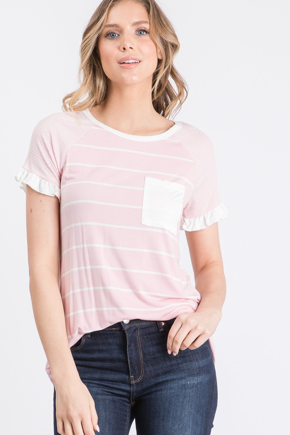 Ruffled Raglan With Stripe Pocket Detail - EOS Final Sale