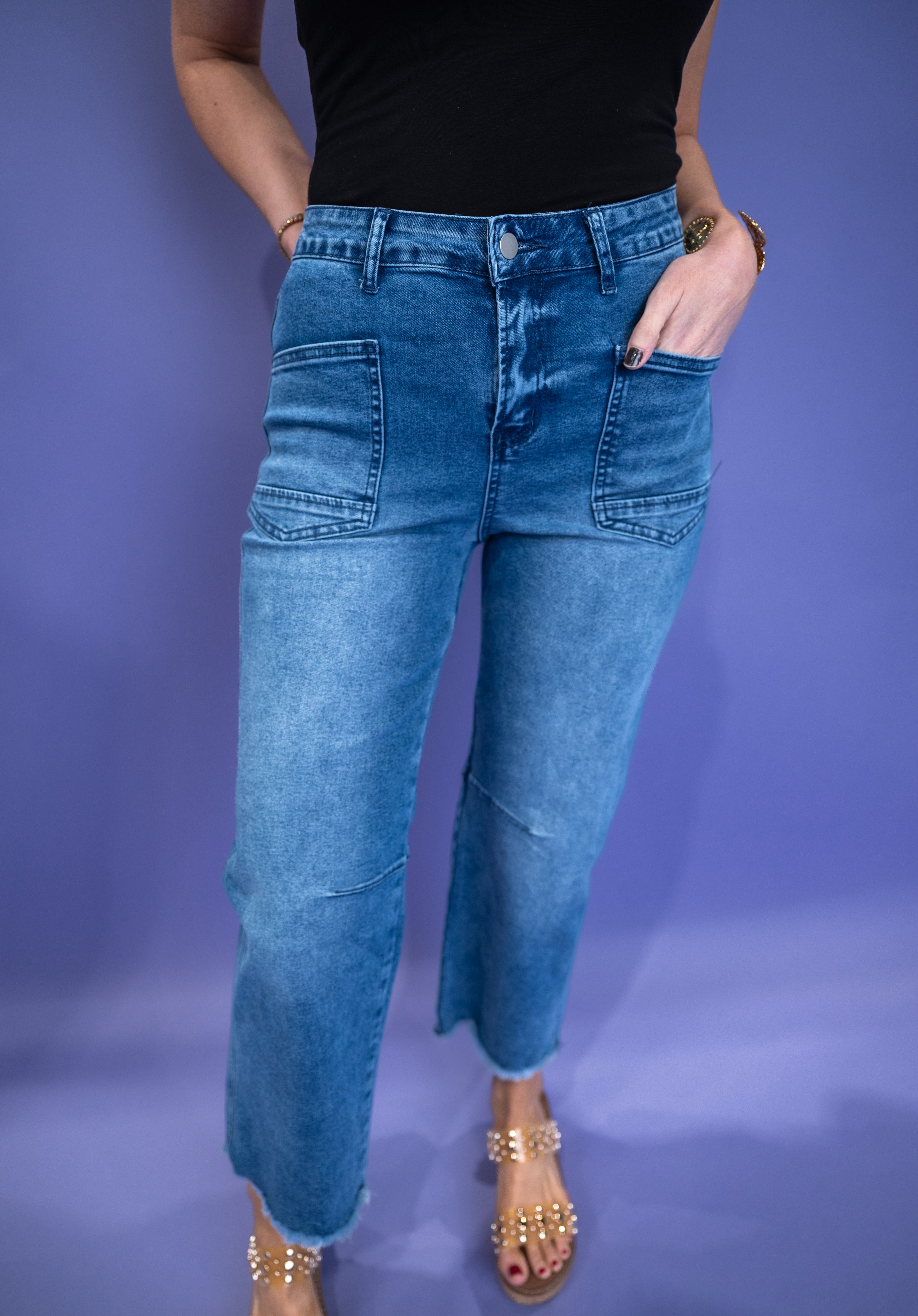Meah Frayed Cropped Jeans - Dark Blue