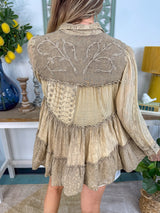 Mineral Wash Tiered Button-Down Blouse with Floral Details - Latte
