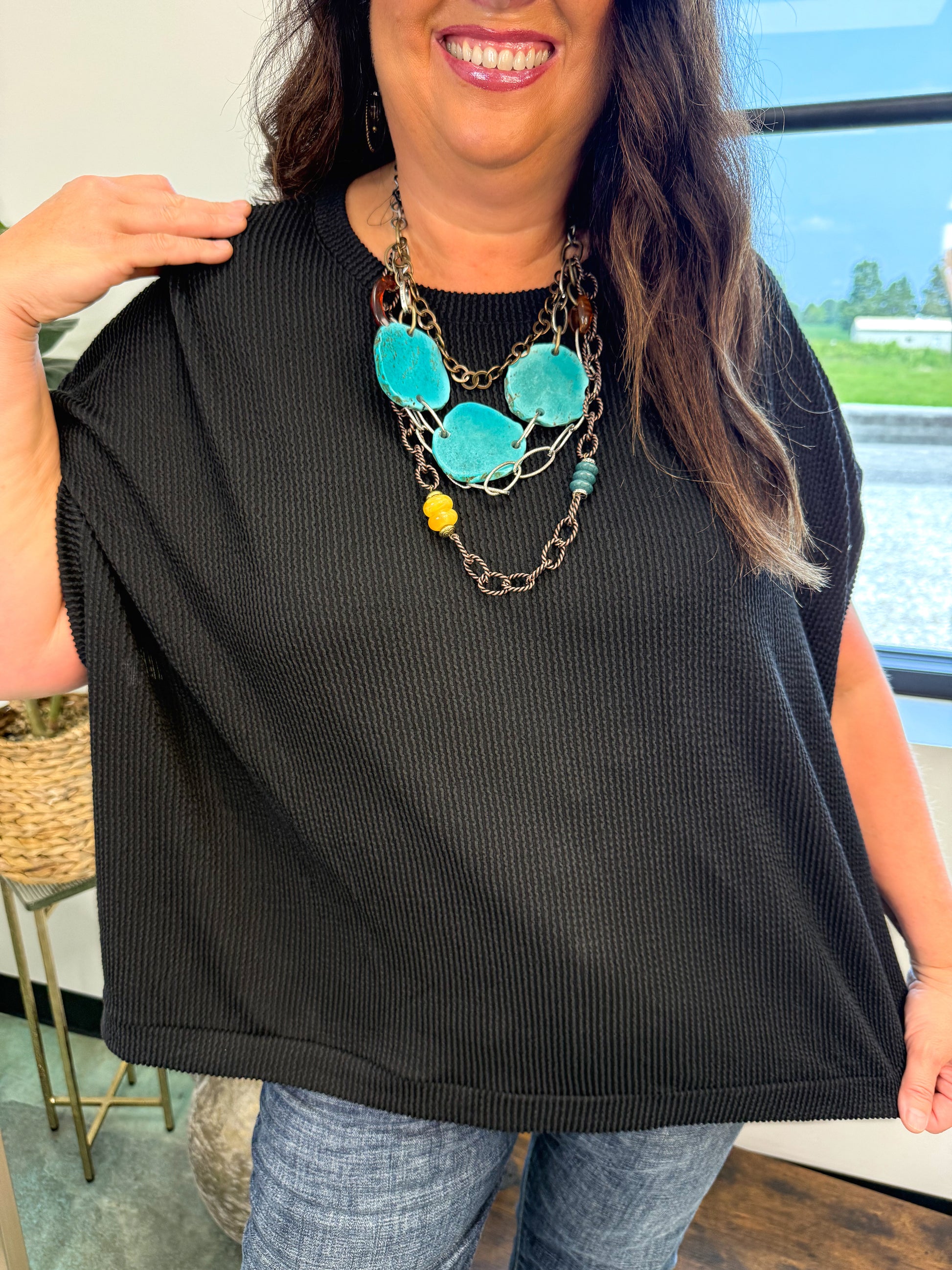 Moon Glow Texture Knit Top - Black