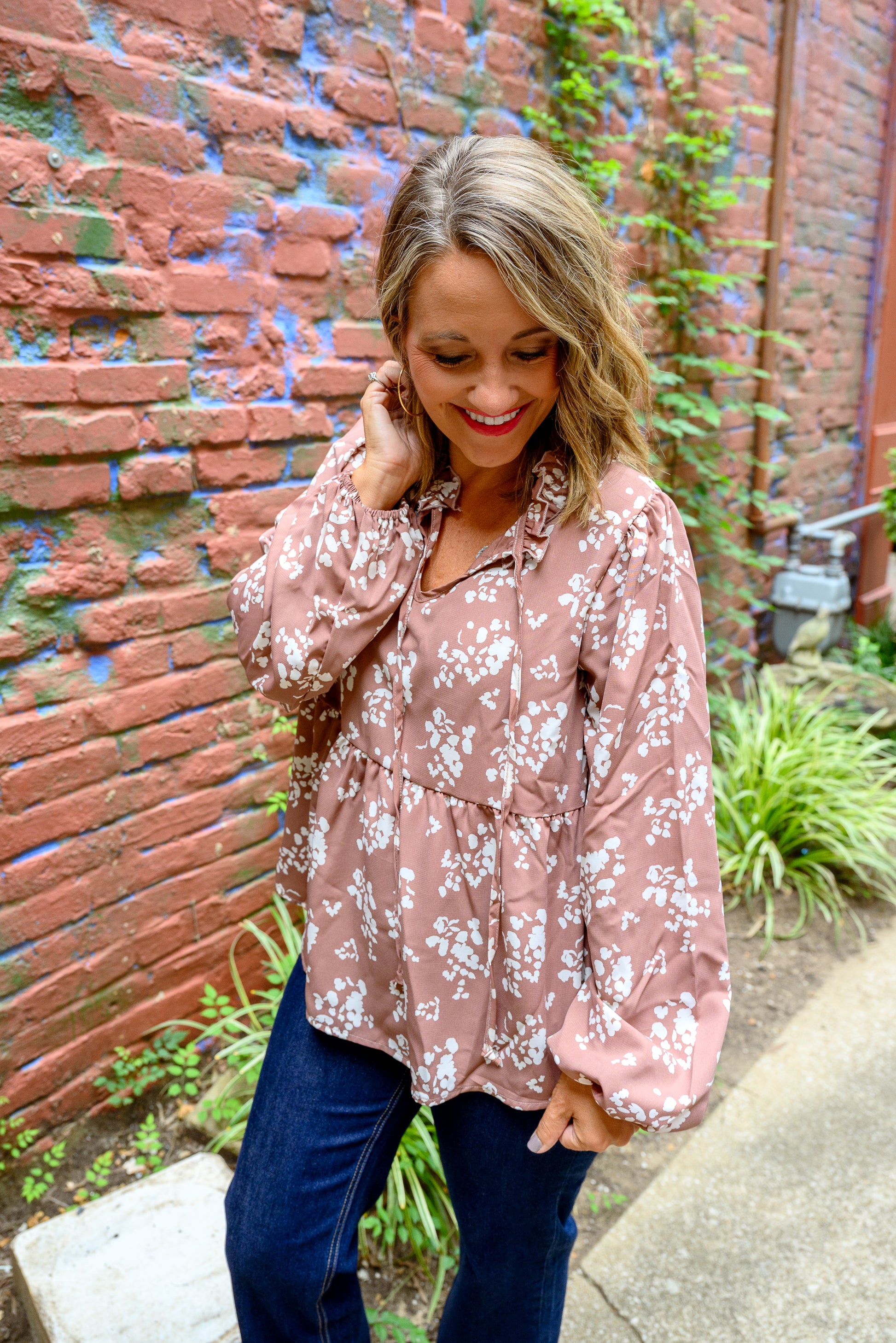 Muted Floral Blouse With Ruffle Neckline