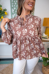 Muted Floral Blouse With Ruffle Neckline