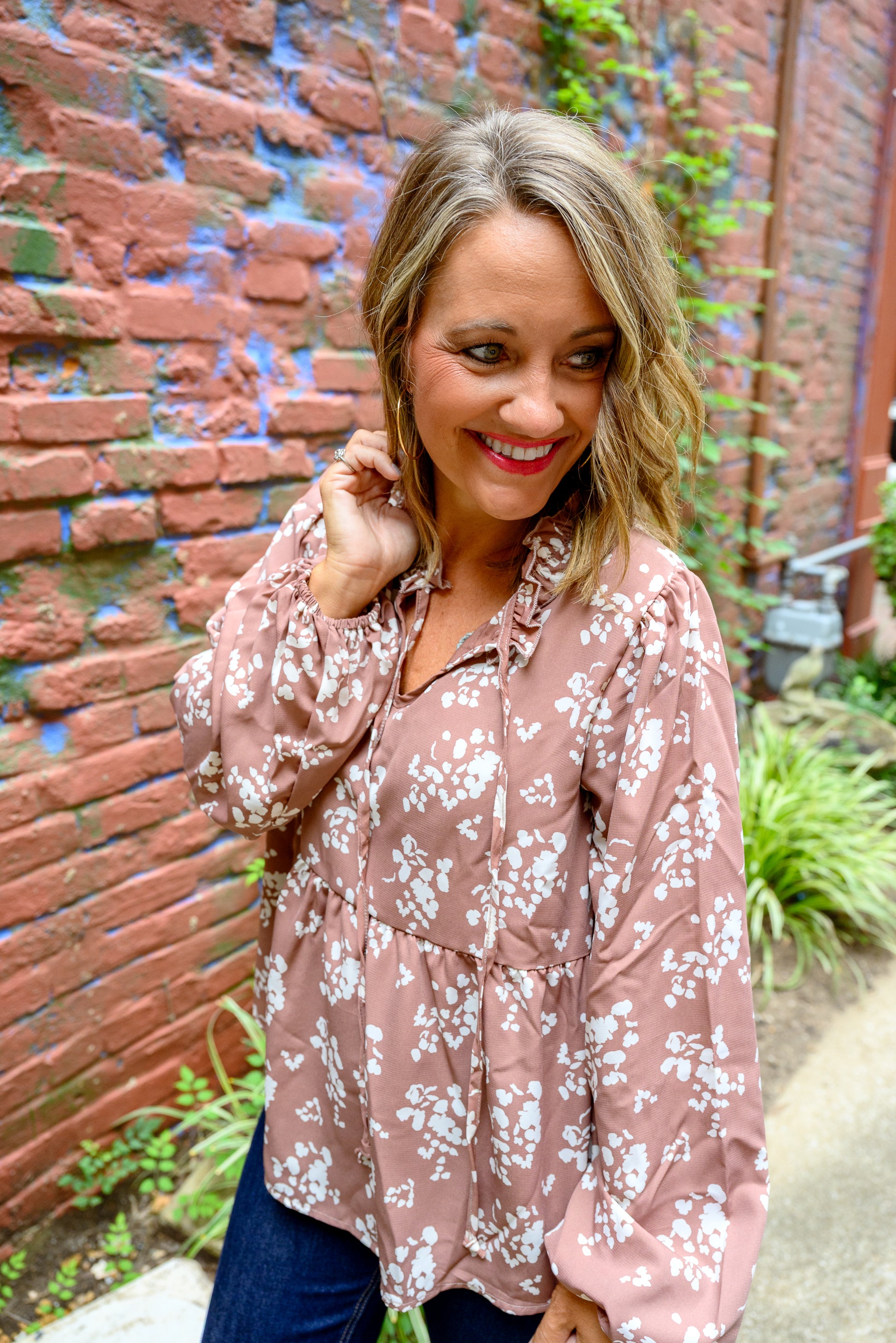 Muted Floral Blouse With Ruffle Neckline