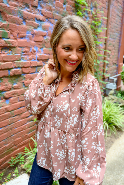 Muted Floral Blouse With Ruffle Neckline