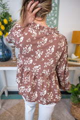 Muted Floral Blouse With Ruffle Neckline