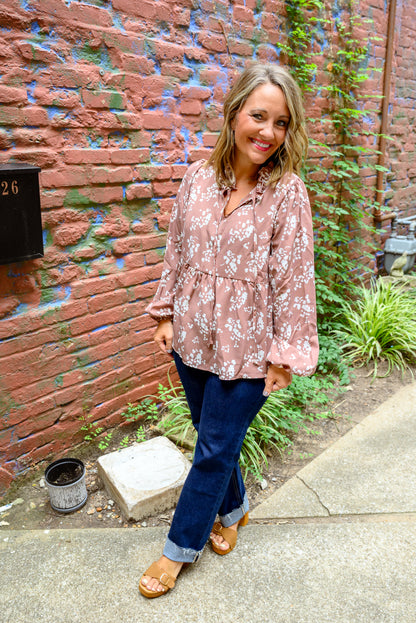Muted Floral Blouse With Ruffle Neckline