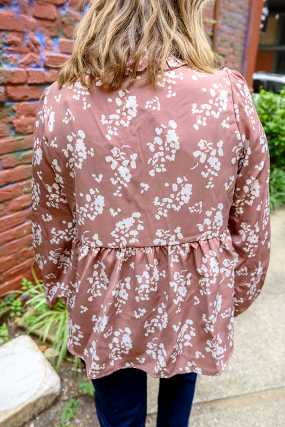 Muted Floral Blouse With Ruffle Neckline