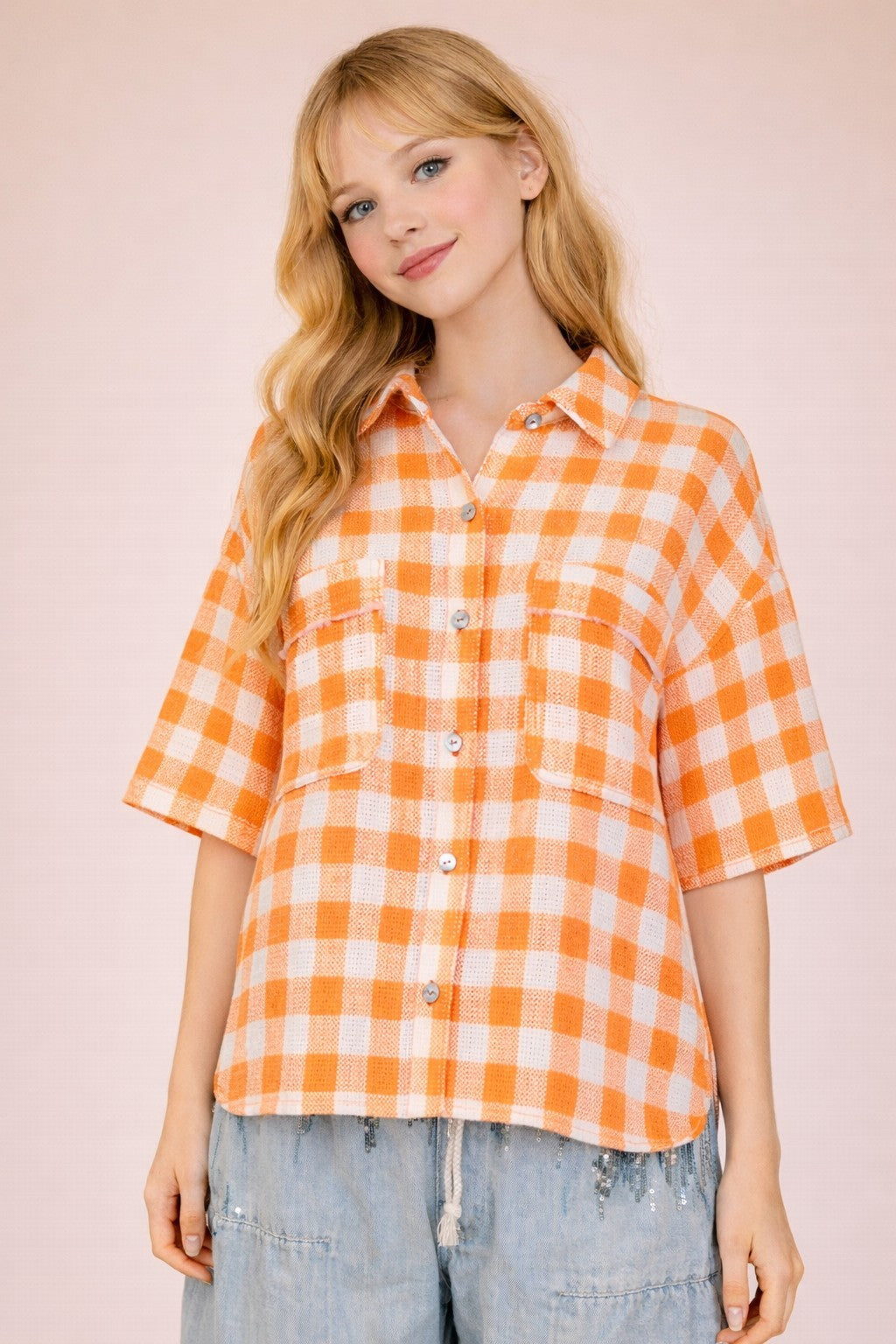 Laidback Grid Woven Top - Neon Orange