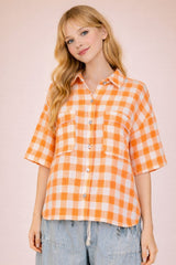 Laidback Grid Woven Top - Neon Orange