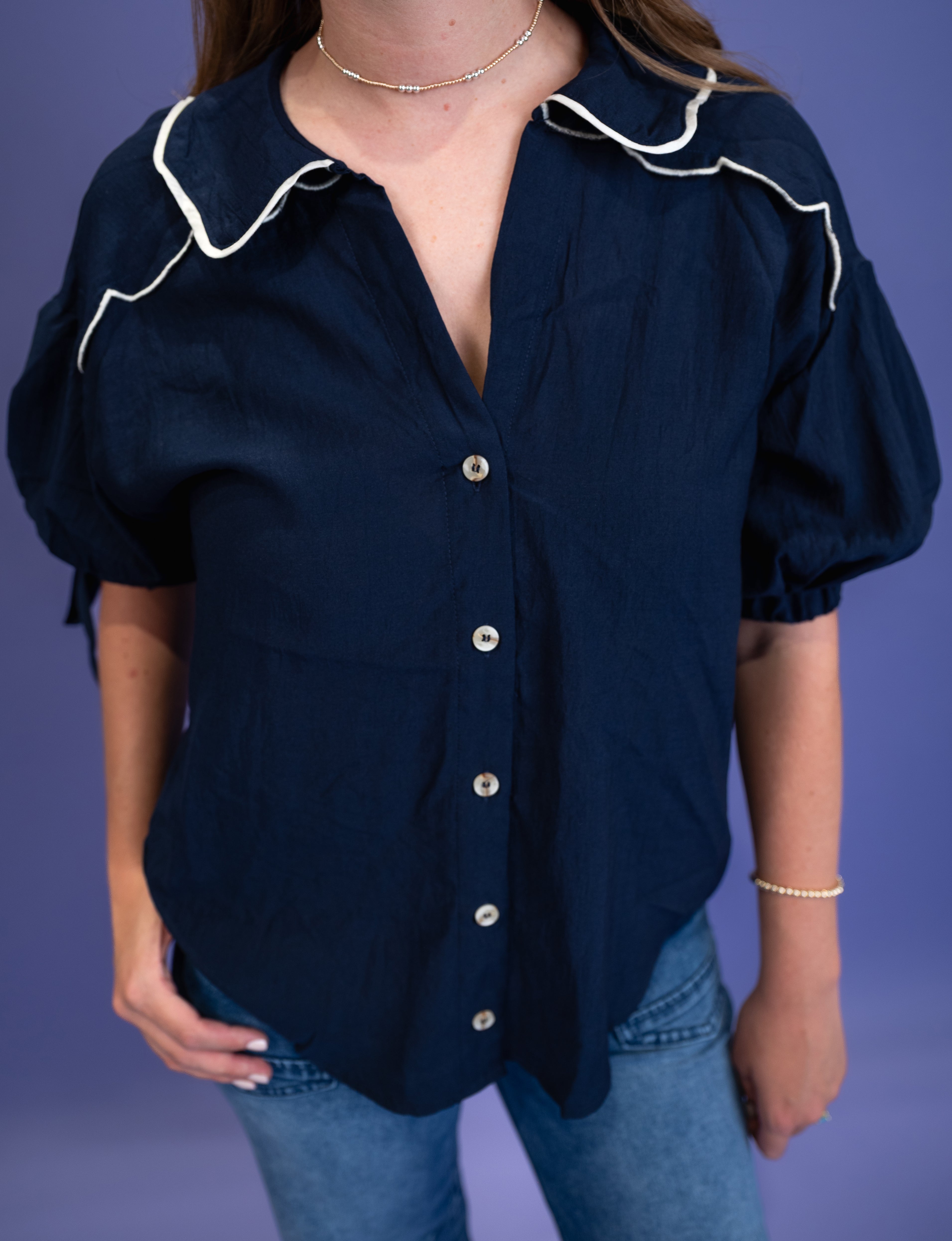 Navy Belle Button-Up Blouse