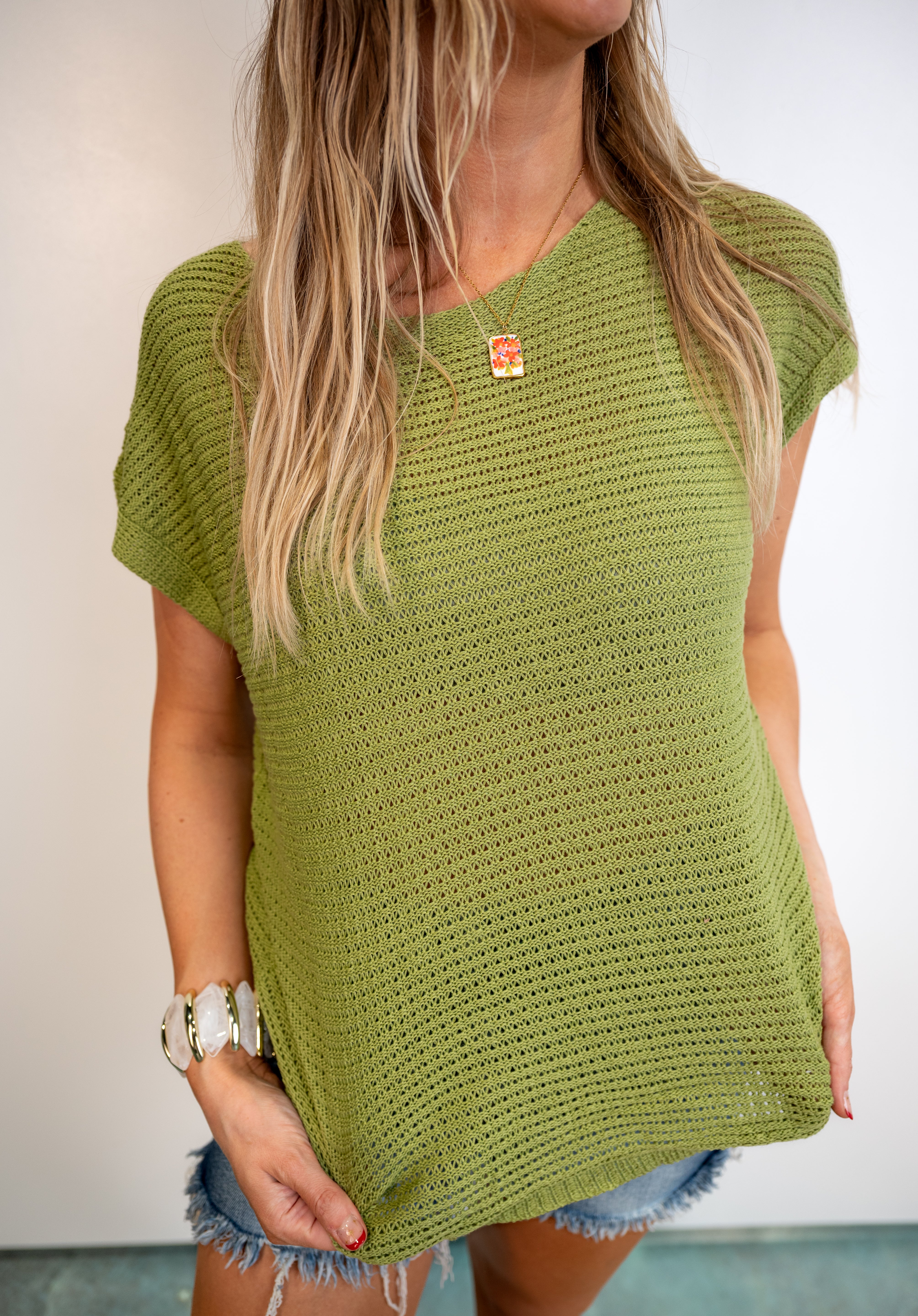 Off-Shoulder Boho Knit Loose Summer Top - Green