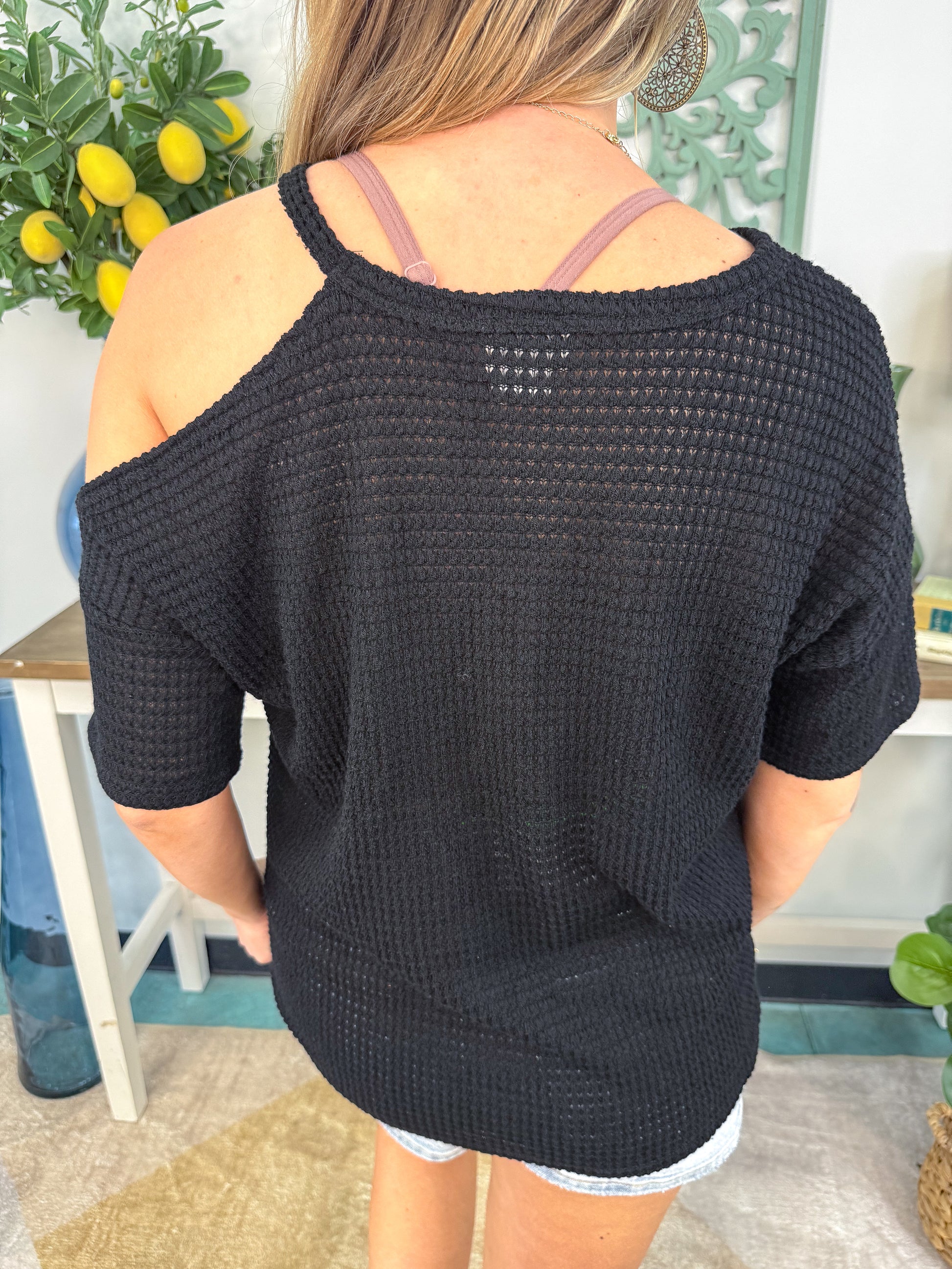 One Shoulder Cut Out Waffle Knit Top - Black - EOS Final Sale