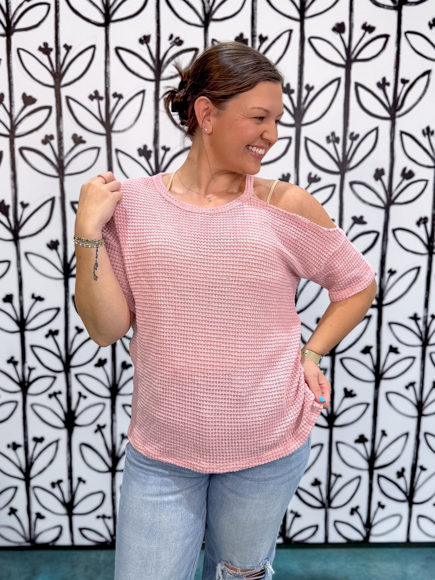 One Shoulder Cut Out Waffle Knit Top - Blush - EOS Final Sale