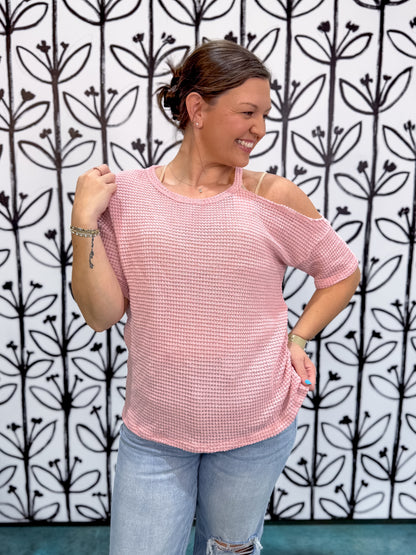 One Shoulder Cut Out Waffle Knit Top - Blush - EOS Final Sale