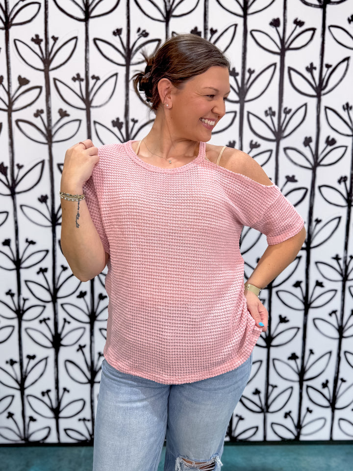 One Shoulder Cut Out Waffle Knit Top - Blush - EOS Final Sale