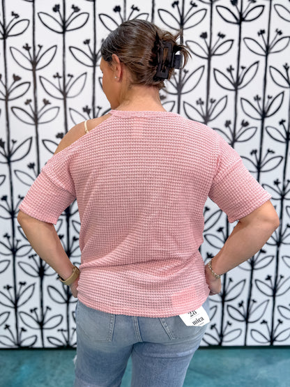 One Shoulder Cut Out Waffle Knit Top - Blush - EOS Final Sale