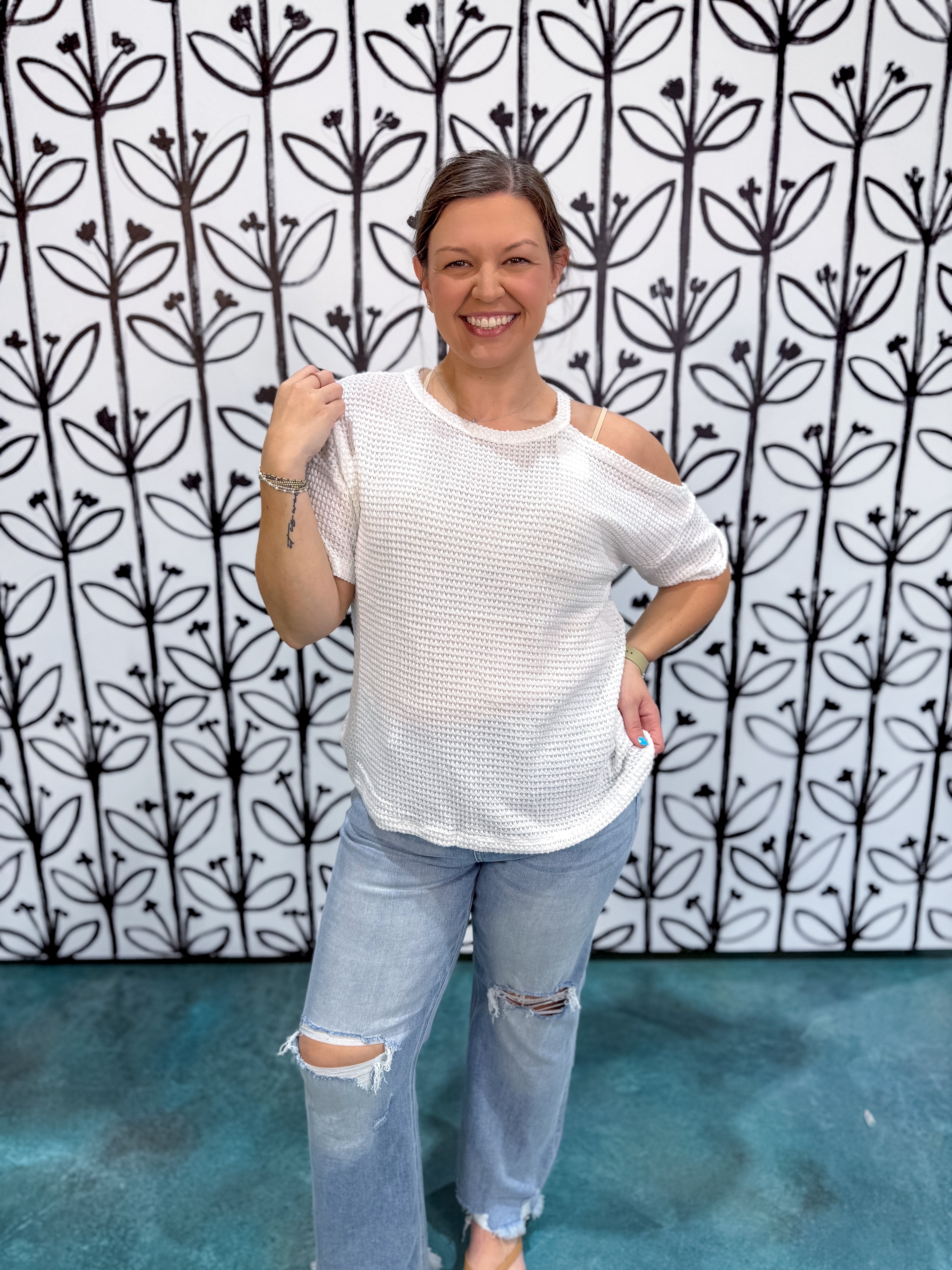 One Shoulder Cut Out Waffle Knit Top - Ivory DOORBUSTER
