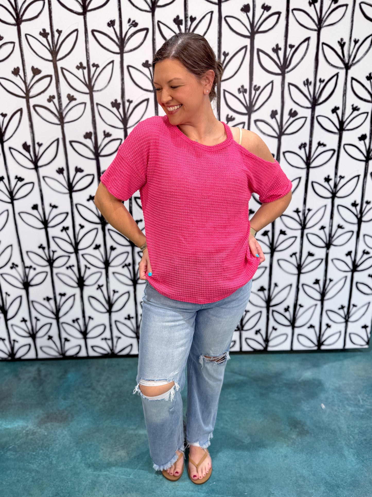 One Shoulder Cut Out Waffle Knit Top - Pink - EOS Final Sale