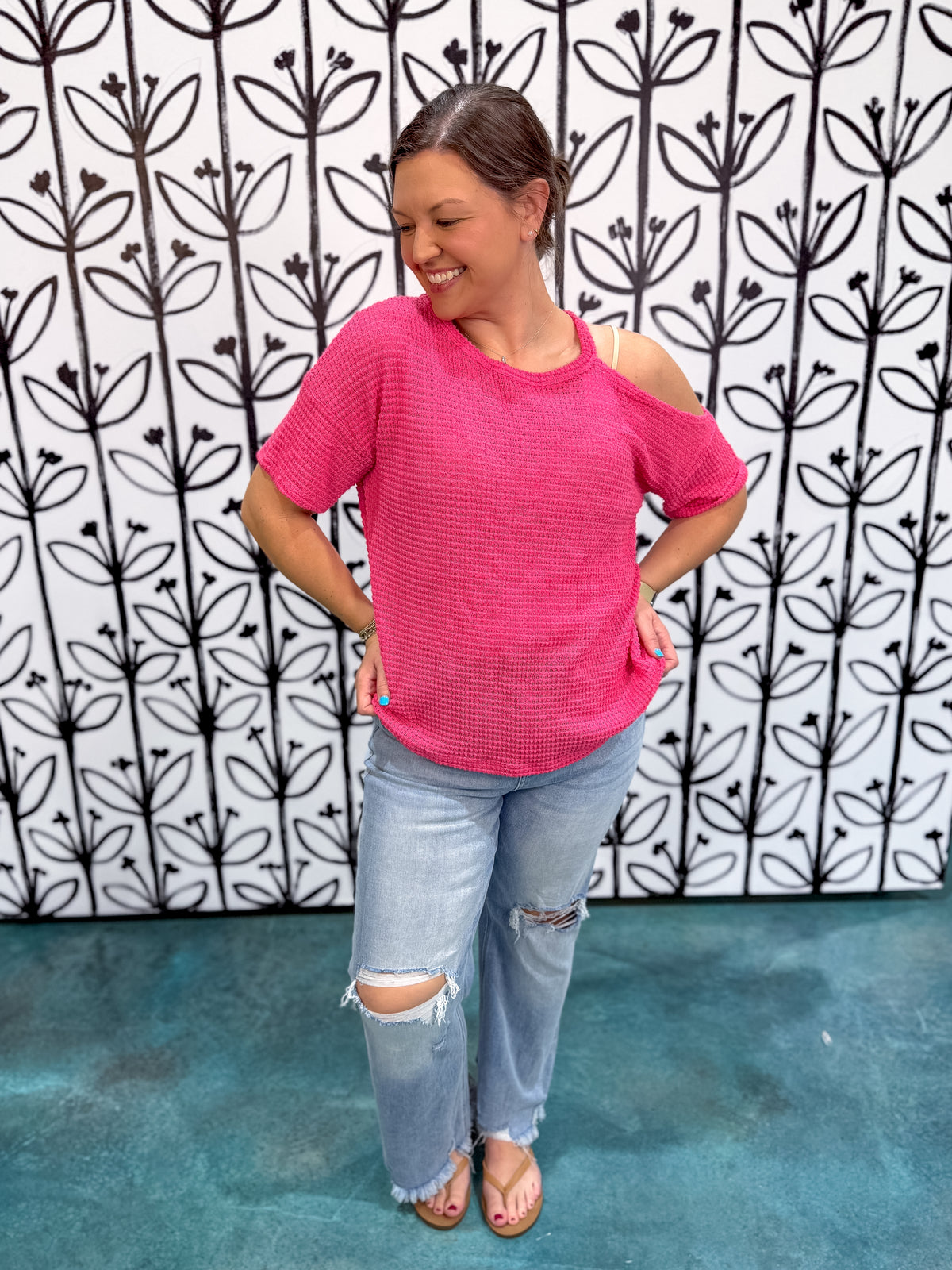 One Shoulder Cut Out Waffle Knit Top - Pink - EOS Final Sale
