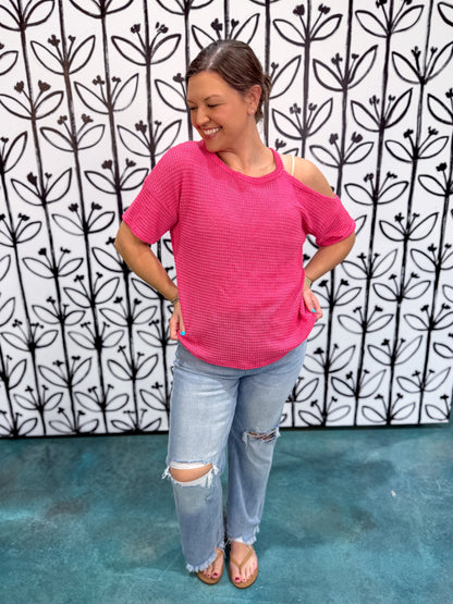 One Shoulder Cut Out Waffle Knit Top - Pink - EOS Final Sale