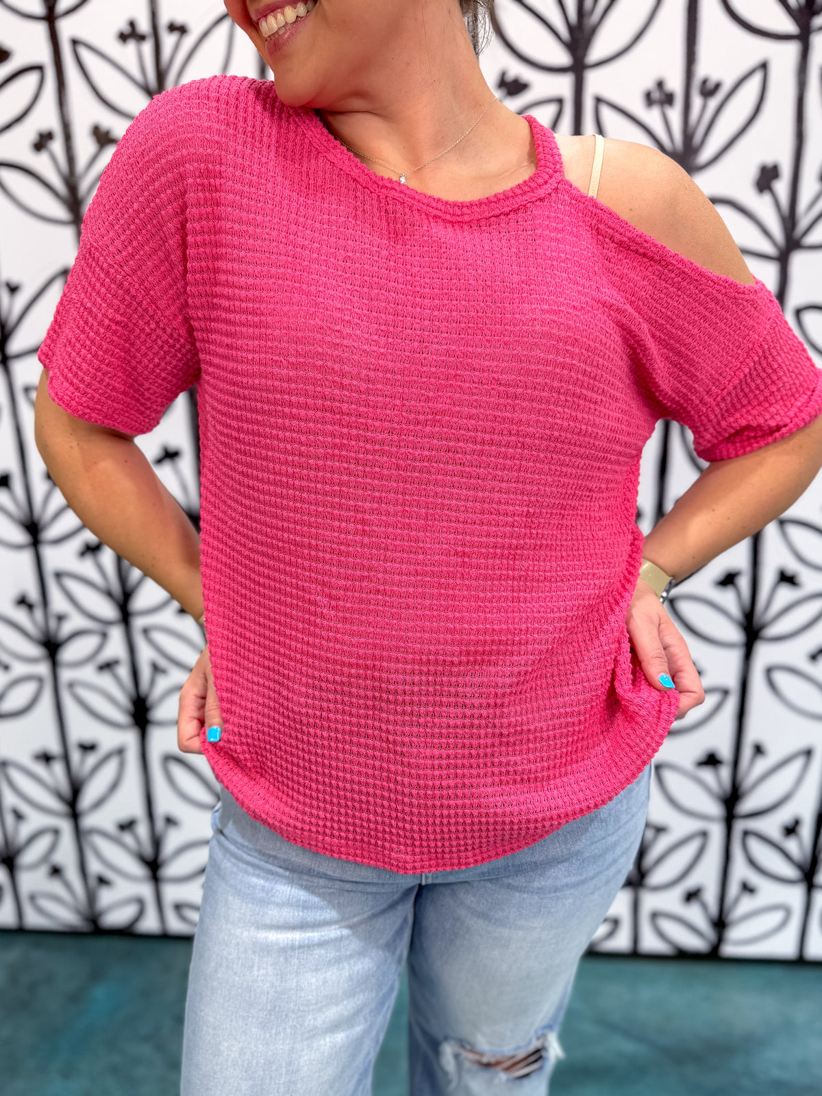 One Shoulder Cut Out Waffle Knit Top - Pink - EOS Final Sale