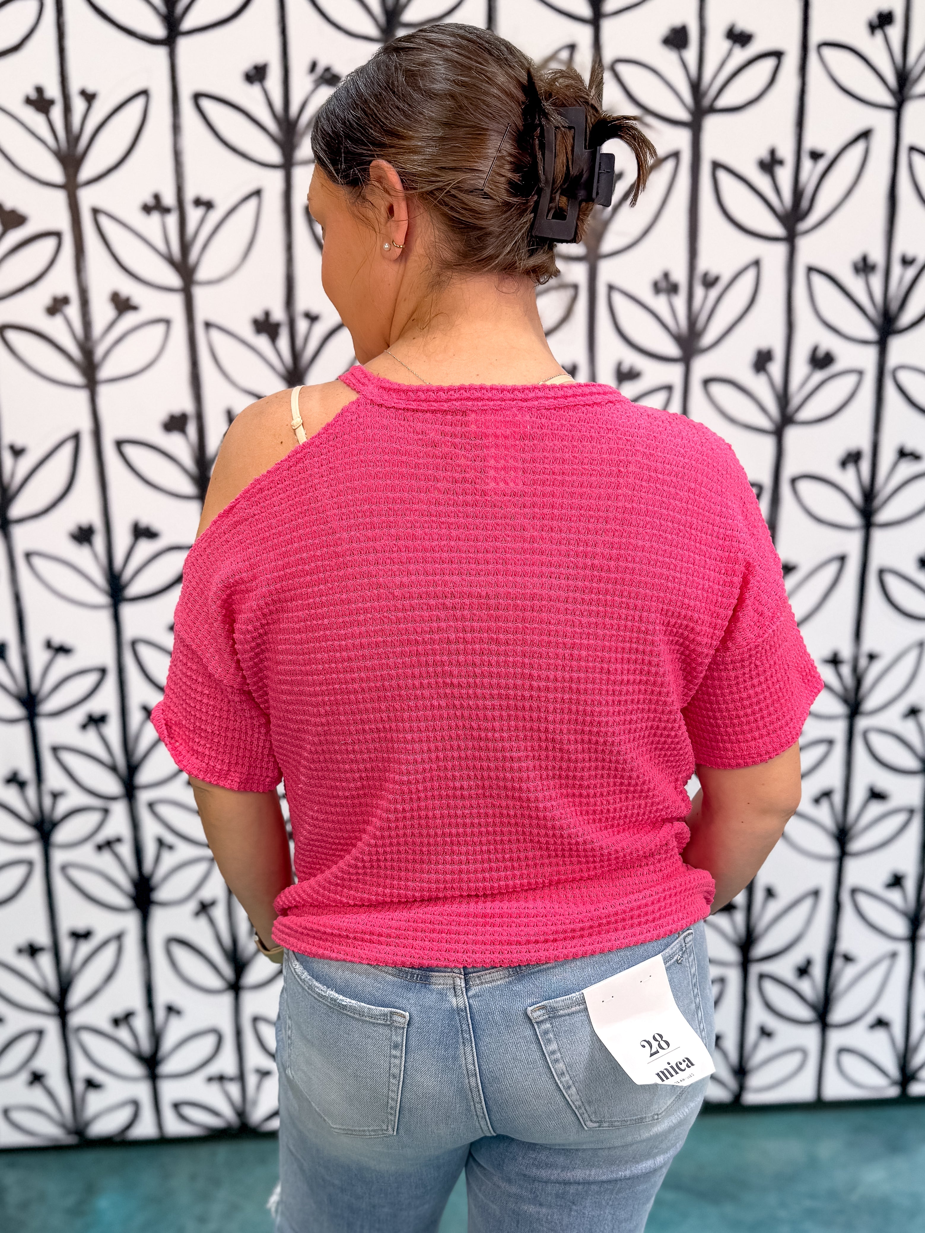 One Shoulder Cut Out Waffle Knit Top - Pink | DOORBUSTER