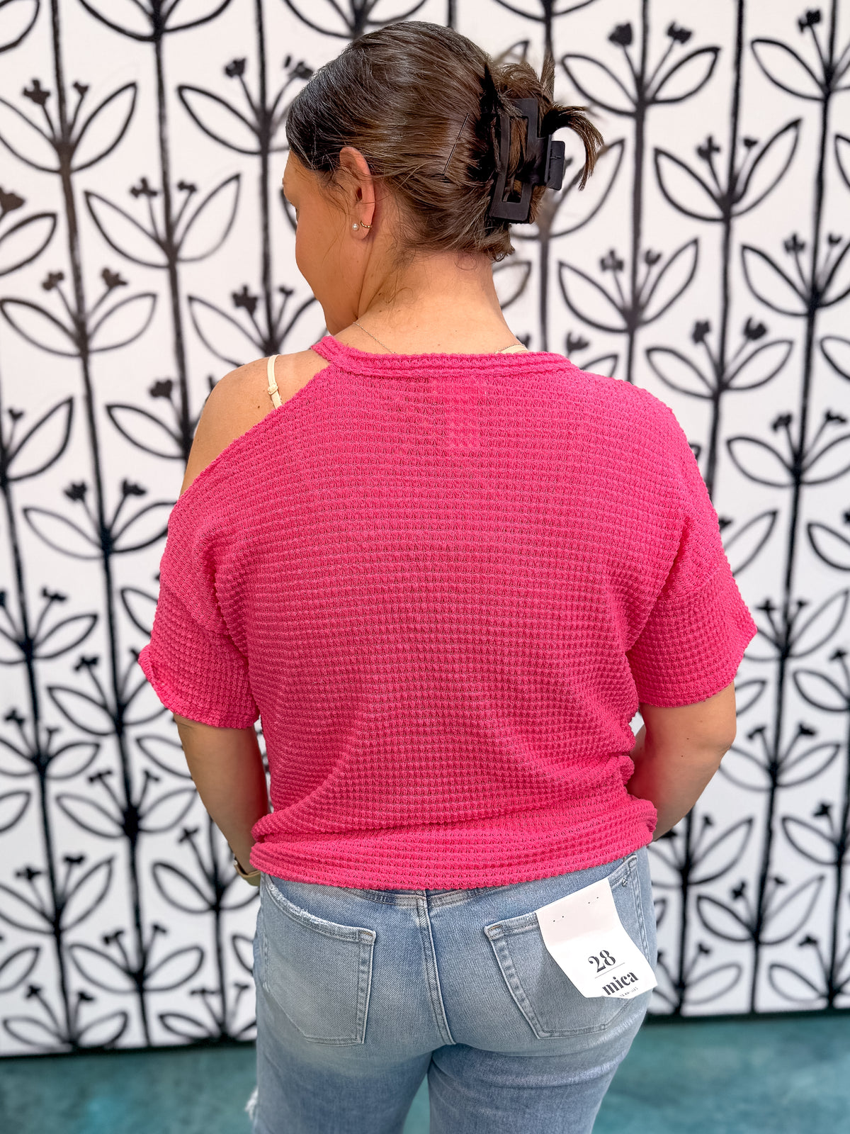 One Shoulder Cut Out Waffle Knit Top - Pink - EOS Final Sale
