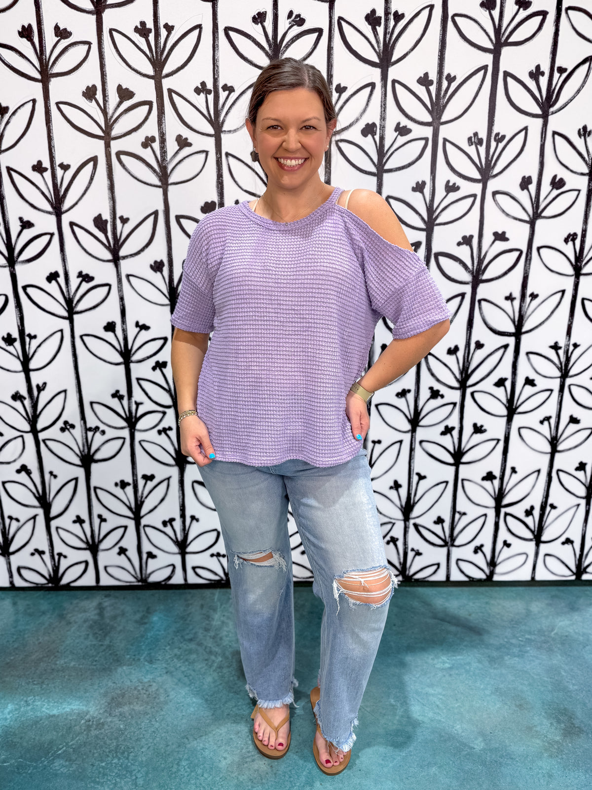 One Shoulder Cut Out Waffle Knit Top - Purple - EOS Final Sale
