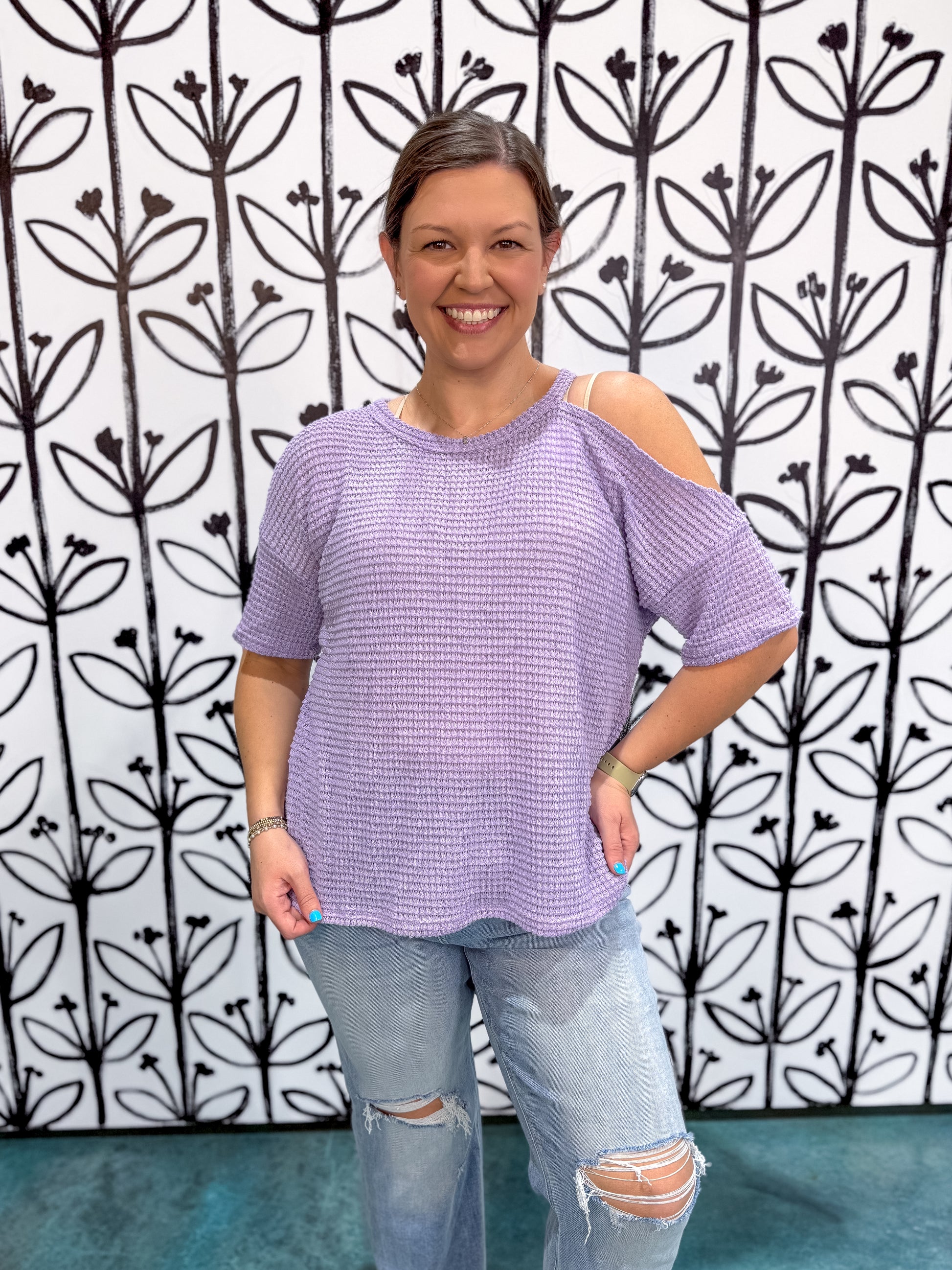 One Shoulder Cut Out Waffle Knit Top - Purple - EOS Final Sale