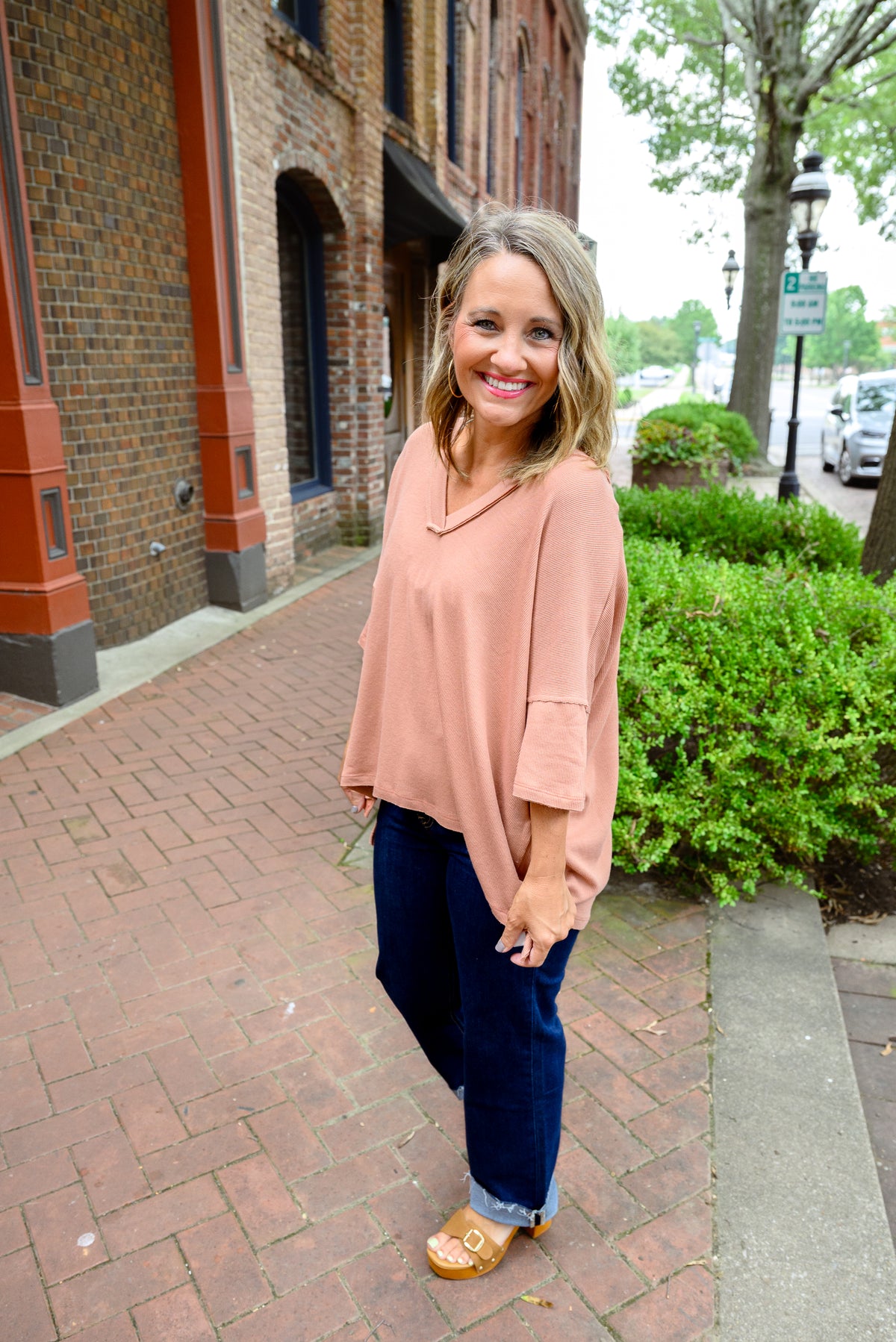 On the Go V Neck Ribbed Essential Tee - Sepia *Final Sale*