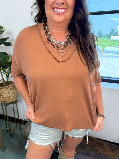 On the Go V Neck Ribbed Essential Tee - Sepia