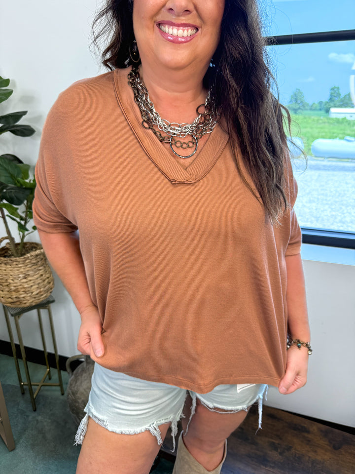 On the Go V Neck Ribbed Essential Tee - Sepia