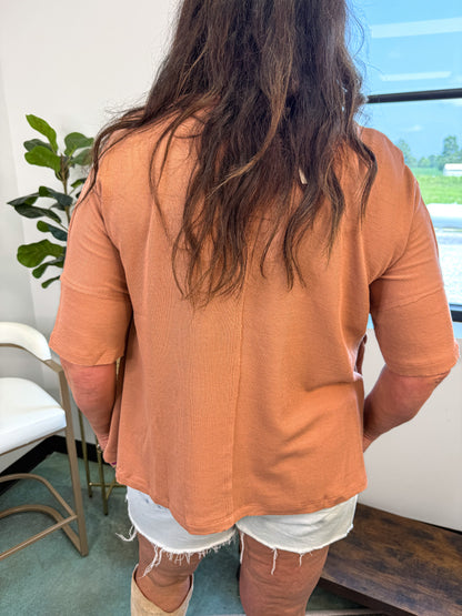 On the Go V Neck Ribbed Essential Tee - Sepia