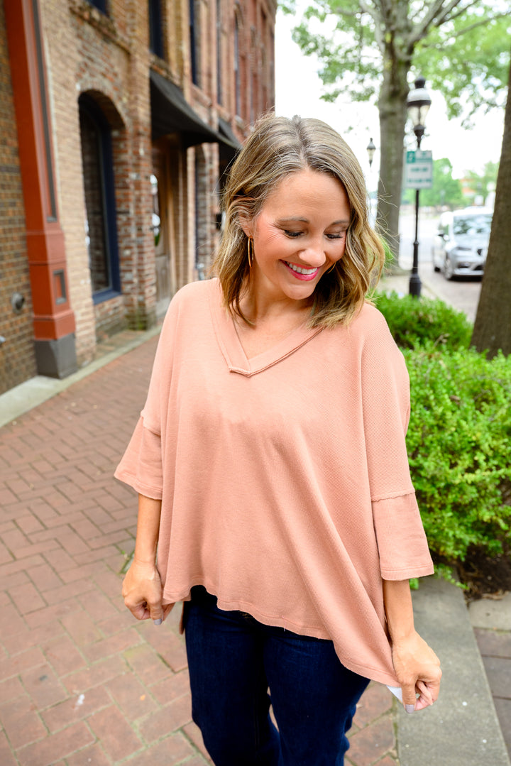 On the Go V Neck Ribbed Essential Tee - Sepia