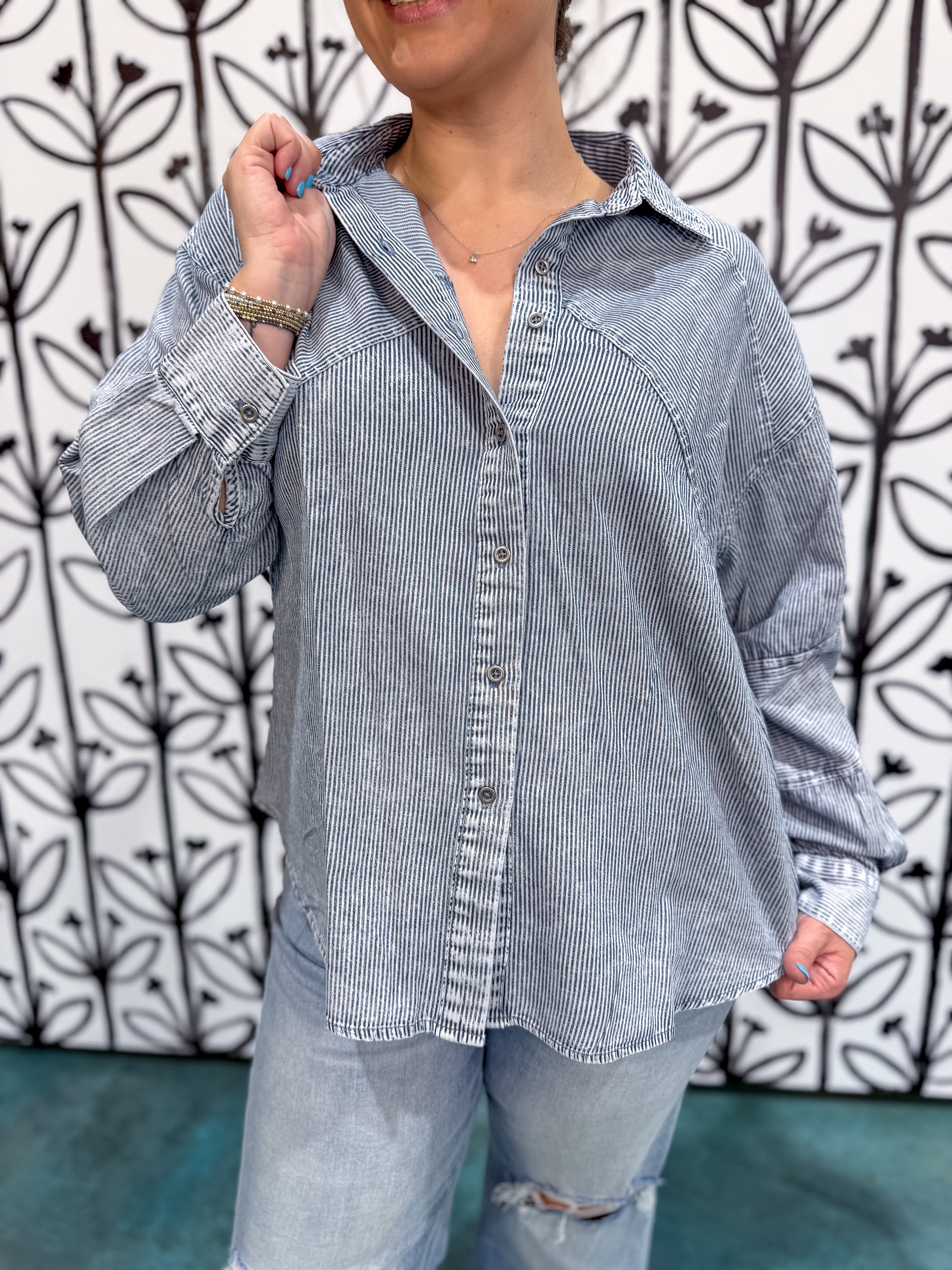 Oversized Chambray Button Down Shirt - Denim