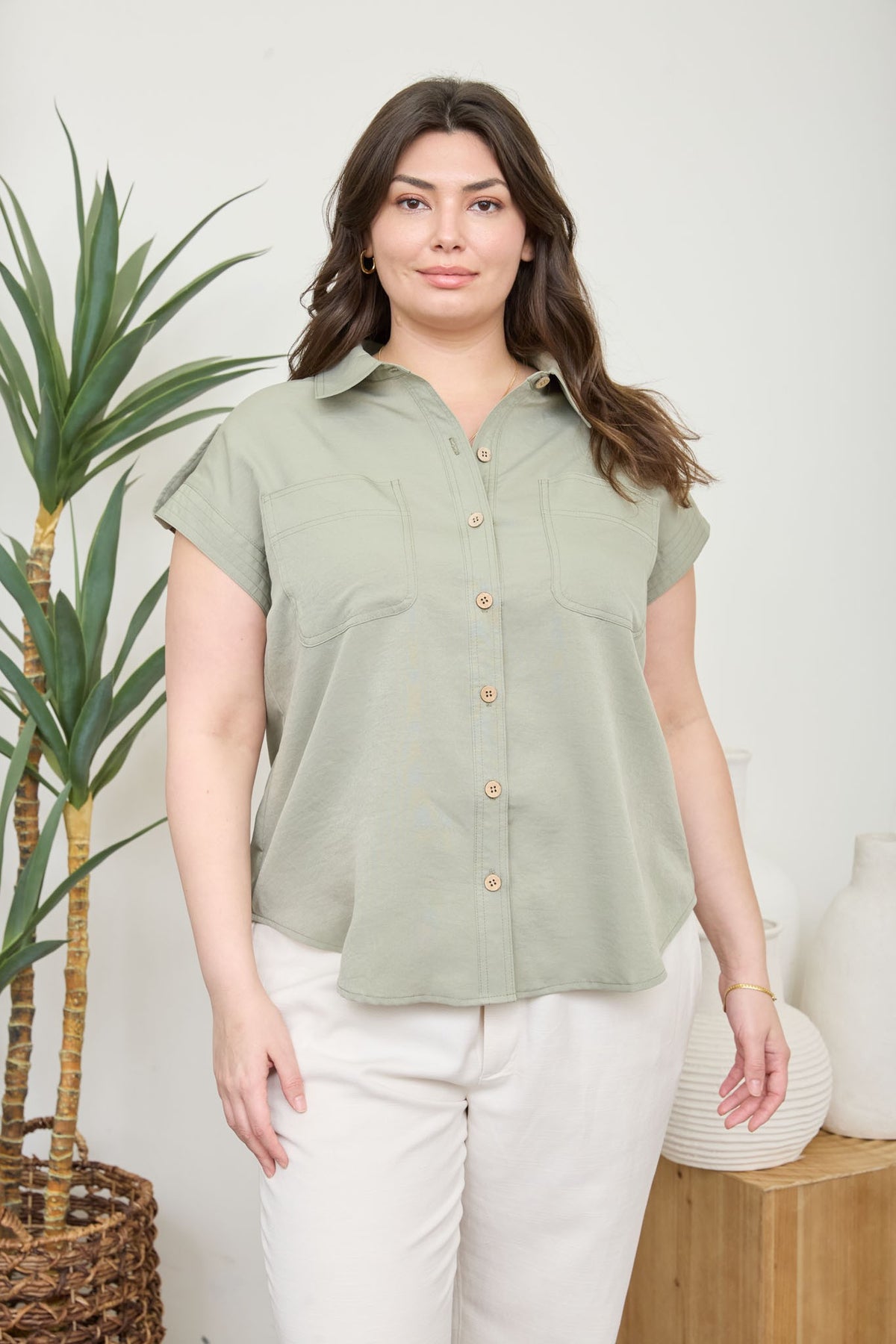 Tab Sleeve Collared Button-Down Woven Shirt - EOS Final Sale