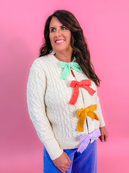 Pastel Bow Cable-Knit Cardigan
