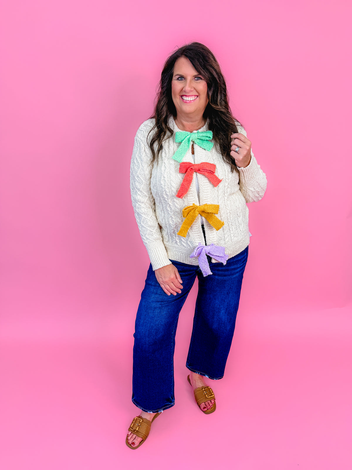 Pastel Bow Cable-Knit Cardigan