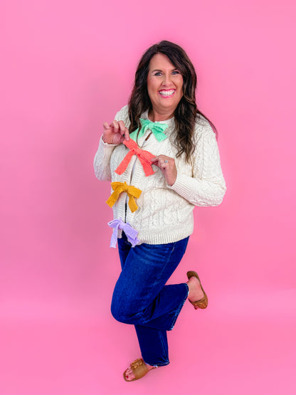 Pastel Bow Cable-Knit Cardigan