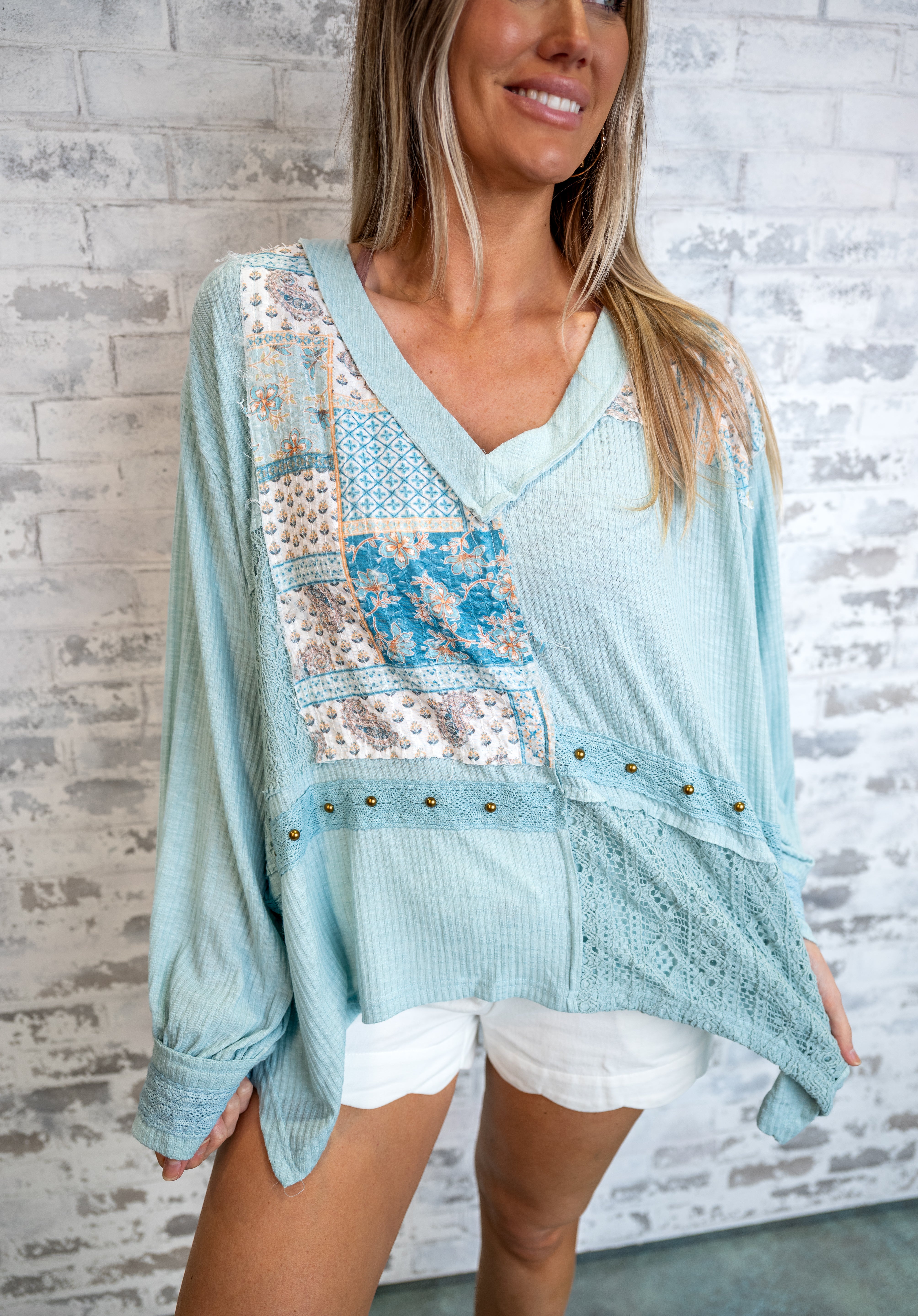 Patchwork Crochet Detail Relaxed Top - Blue