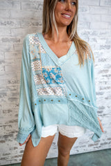 Patchwork Crochet Detail Relaxed Top - Blue