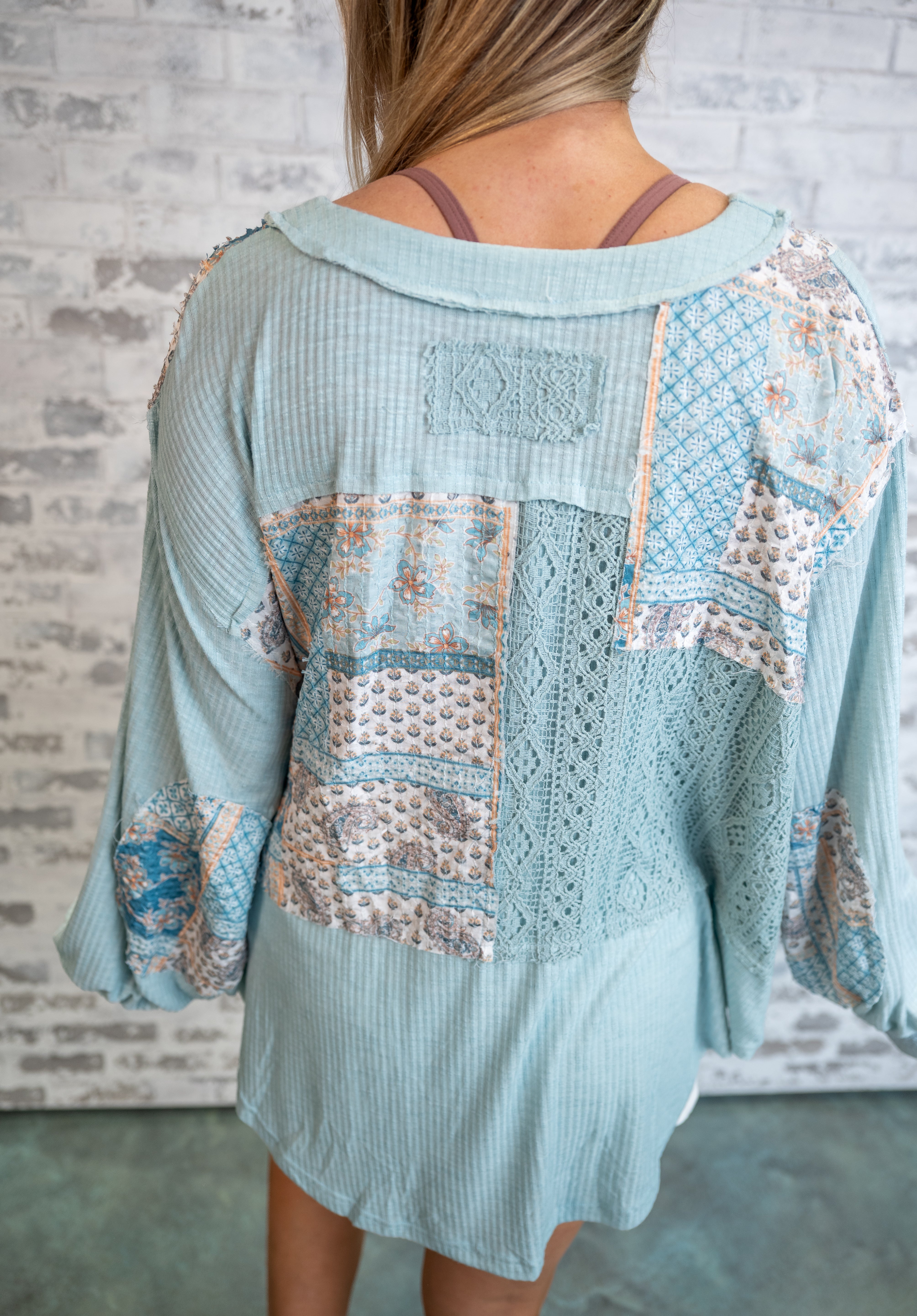 Patchwork Crochet Detail Relaxed Top - Blue