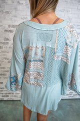 Patchwork Crochet Detail Relaxed Top - Blue