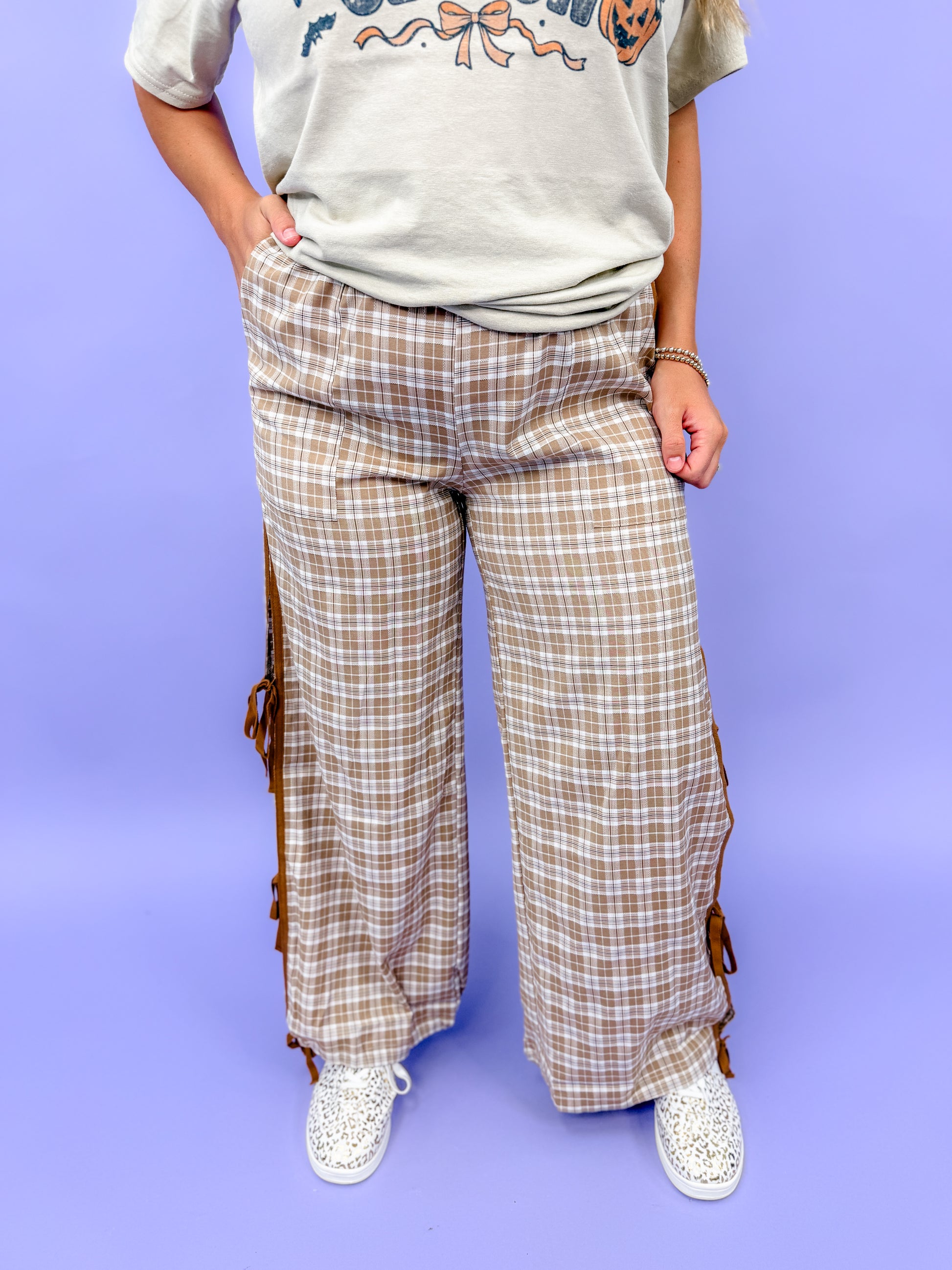 Plaid Elastic Waist Bow Tie Contrast Detail Jogger Pants