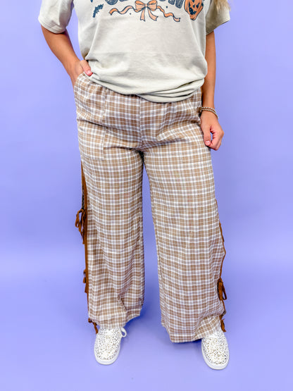 Plaid Elastic Waist Bow Tie Contrast Detail Jogger Pants