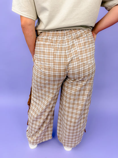Plaid Elastic Waist Bow Tie Contrast Detail Jogger Pants