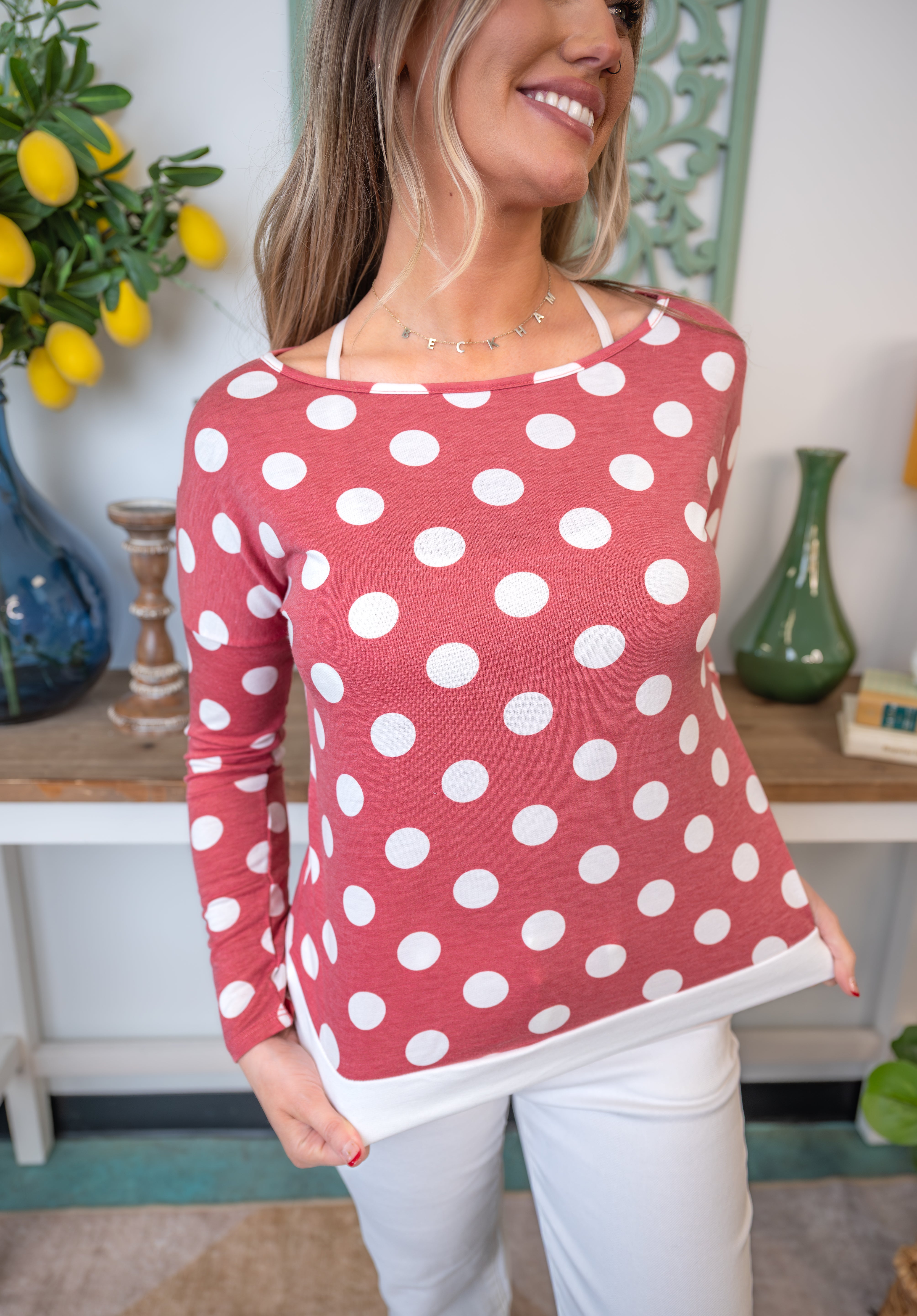 Polka Dot French Terry Pullover Top - Coral