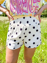 Polka Dot Shirred High-Waist Summer Shorts - White